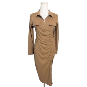 Tan/brown long sleeve ruched split end utility dress